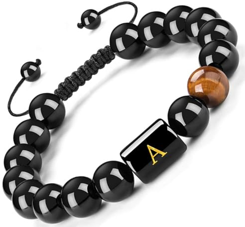 FRG Initials Bracelets Gifts for Men Letter Link Handmade Natural Black Onyx Tiger Eye Stone Beads Braided Rope Meaningful Bracelet Gifts for Son Grandson Husband Boyfriend Brother