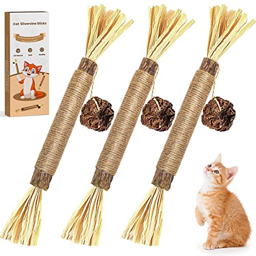 Aucenix Catnip Chew Sticks for kitten, Natural Matatabi Silvervine Cat Toy for Cat Teeth Cleaning, Silvervine for Cats Toys with Catnip, Cat Dental Sticks kitten Toys for Indoor Cat (3PCS-mutianliao)