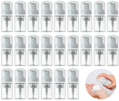INCETUE 24 Pcs Small Foam Pump Bottles, 30ml Travel Lash Shampoo Bottle, Portable Mini Empty Foaming Soap Dispenser, Refillable Plastic Hand Lotion Container for Cleanser (Clear)