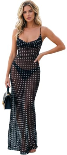Robe Longue en Maille Transparente à Bretelles Spaghetti sans Manches pour Femme, Noir, Taille S
