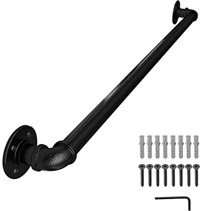 FSHIHINE 115cm Handrails for Stairs, Stair Handrail for Indoor & Outdoor Wall Mount Banister Staircase, Non-Slip Grab Bar Balustrades Railing Support Kit Industrial Galvanized Black Metal Pipe