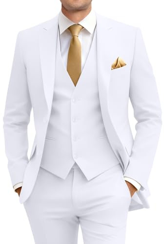 Amyox Men's Slim Fit 3 Piece Suit Two Button Business Wedding Dress Tux Suit Set Jacket Vest Pants with Tie, White, X-Large