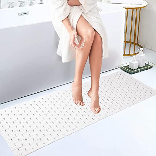 Bambus-Badematte, Badläufer, langer, großer Badezimmerteppich, Boden, Holz, Dusche, Badewanne, wasserfest, rutschfest, Zubehör, 40,6 x 121,9 cm, leicht zu reinigen, weiß, 1 Stück