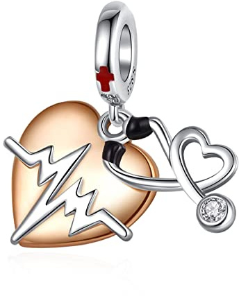 Amuefer Stetoscopio Cuore Charm Compatibili Bracciale Collana, Argento Sterling Oro rosa Ciondolo Compleanno Natale Gioielli Regali per le Donne Moglie Amici