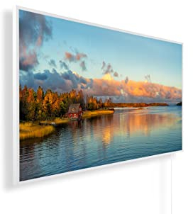 Könighaus Infrarotheizung – 4 Jahreszeiten – TÜV SÜD - 1000 Watt + Könighaus Thermostat - Weißer Rahmen (Herbst Motiv: 01. Haus am See)