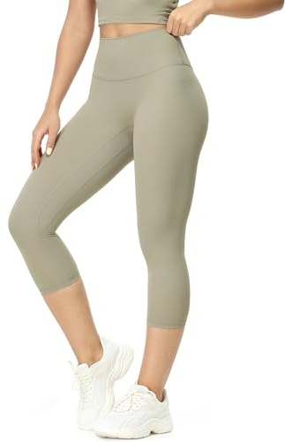 icyzone Leggings deportivos para mujer, cintura alta, 3/4, pantalones capri, opacos, pantalones de yoga, Earth Gray, L