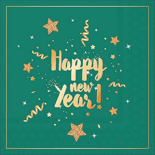 20 Servietten Silvester Happy New Year gold auf grün als Tischdeko. Papierservietten mit Motiv. Auch für Decoupage und Serviettentechnik 33x33cm
