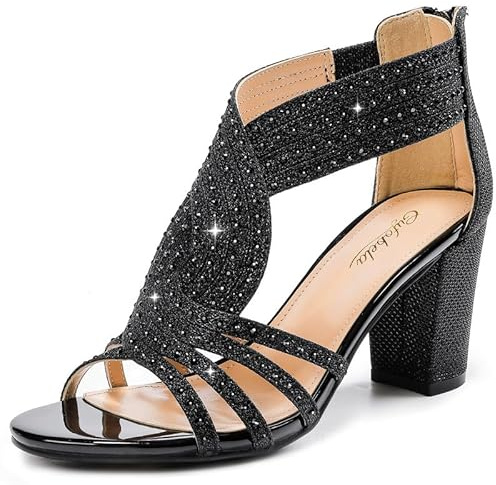 Gufobela Heels for Women Chunky Rhinestone Block Heeled Sandals Sparkly Open Toe Formal Dressy Shoes Wedding Prom Homecoming Hoco (1122 Black 8)