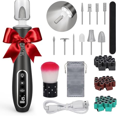PELCAS Electric Nail Drills, Professional Cordless Nail File Kit with Light, 10 Speeds Manicure & Pedicure Kit for Human, Pet, Thick Toenails, Natural & Acrylic Nails Grey