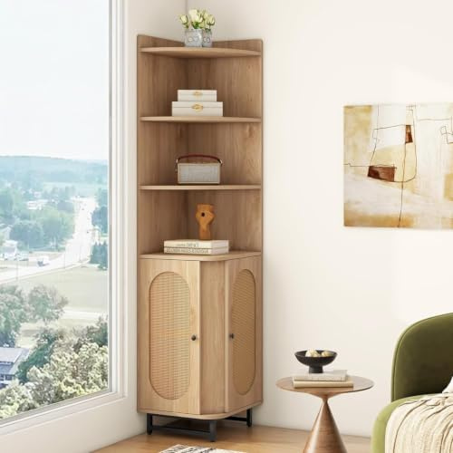 COSTWAY Corner Storage Cabinet, PE Rattan Buffet Sideboard with 2 Doors, 4 Open Shelves, Anti-toppling Kits & Adjustable Foot Pads, Space-saving Tall Cupboards Cabinet for Kitchen Living Room(Natural)
