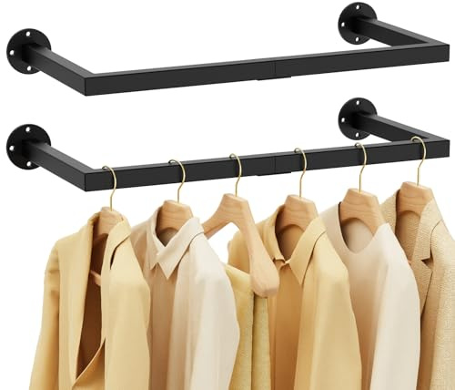 Yawinhe Percheros de Pared para Colgar Ropa, Rieles para Ropa de Tubo Industrial, Colgante de Prendas de Desmontable, Ahorro de Espacio, para Dormitorio, Negro, 64cm, 2-Pack, SYJ64B-2