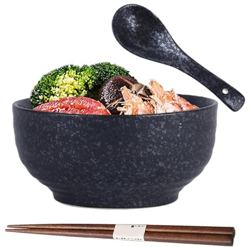 Ramen Juego de bowl de cuenco japonés de cerámica, ramen bowl con cuchara y palillos, tazones de sopa de porcelana, ensaladeras
