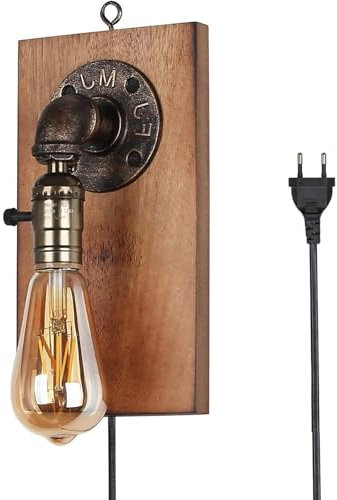 Alpinaluz Applique murale industrielle - Bois naturel vintage et tuyau en métal - Avec câble, prise et interrupteur - Culot E27 - Lampe rétro pour salon, bar et chambre