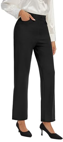 Desol Pantalon droit élégant pour femme - Pantalon de costume fin - Pantalon de loisirs - Taille haute - Pantalon long extensible avec poches pour le bureau, la maison, les voyages, le sport, Noir , L