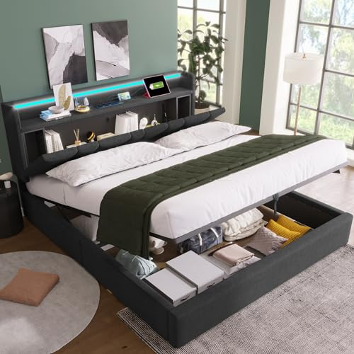ECLIVON Cama Tapizada Matrimonio 160x200 con Iluminación LED y USB Tipo C, Camas Matrimoniales con Espacio de Almacenamiento Hidráulico, Cama Doble con Somier y Láminas, Sin Colchón, Lino, Gris