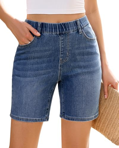 Vetinee Women's Denim Shorts Pull on Mid Rise Casual Summer Stretch Jean Shorts