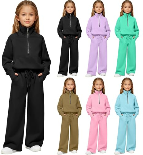 Kids Tracksuit Full Set for Boys Girls 2 Piece Sweatsuits Set Long Sleeve Half Zip Pullover Sweatshirt Wide Leg Sweatpants Fall Outfits Oversized Tracksuits Casual Jumper Gym Set Activewear