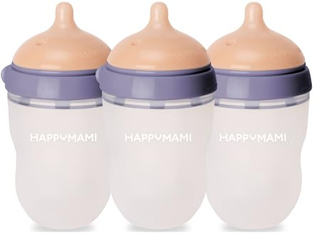 HappyMami - Set de 3 Biberons en Forme de Sein, Biberons,Tétine en Silicone de Grade alimentaire, Double Système Anti-Colique, sans BPA, Lavable au Lave-vaisselle, Chauffe-biberon