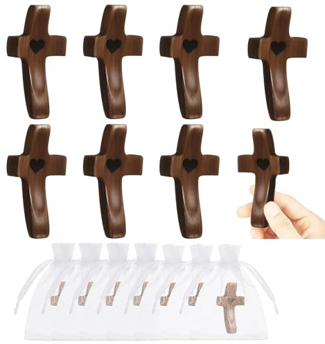 KxrTpx Palm Crosses, Wooden Cross and Holding Cross Set, Crucifix and Palm Sunday Crosses for Religious Easter Gifts, Christian Gifts and Craft Projects, Set of Seven Crosses with Mesh Bags