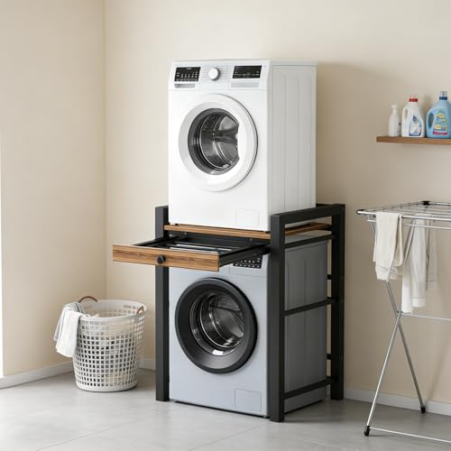 Étagère pour machine à laver, lave-linge et sèche-linge, au-dessus de l'autre, pour machine à laver, portée de 300 kg, pour salle de bain, cuisine, balcon, buanderie (noir avec tiroirs)