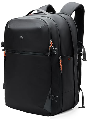 Inateck Reseryggsäck 38,5–46 L, lätt expanderbar kabin, svart | Handväska för män och kvinnor, 180° öppning, för 16-tums PC, stänksäker, affärsresor, arbete