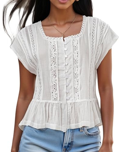 Yoisdtxc Women's Boho Lace Trim Blouse Button Down Ruffle Hem Peplum Top Y2K Going Out Tops for Beach Vacation