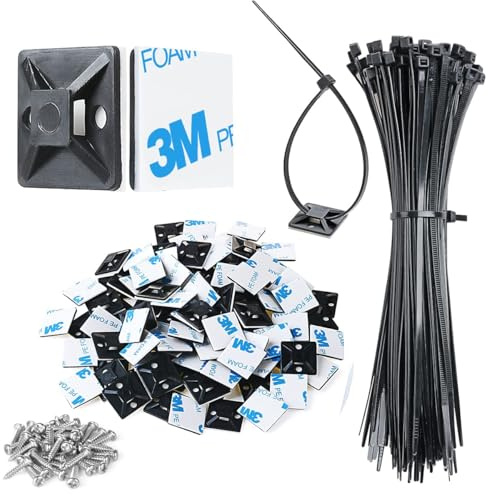 200pcs 3/4 Back-Glue Self Adhesive Black Strong Cable Zip Tie Mounts with 8 Ties, Screws, UV Protection Outdoor Sticky Wire Fasteners Cable Clips Management Anchors Organizer Holders Squares