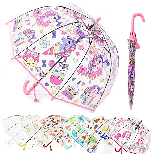 MRTLLOA Kids Pink Unicorn Clear Bubble Umbrella, Toddler Grip Curved Handle Stick Rain Umbrella(Pink Unicorn)