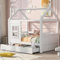 Kinderbett Hausbett 80x160 cm, Bettgestell mit Fenstern und 2 Schubladen, Kinderbett mit Dach, Massivholz Bett mit Rausfallschutz und Lattenrost, ohne Matratze, Weiß