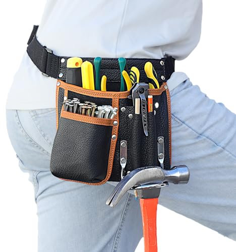 quipuda Tool Belt, Genuine Leather Tool Pouch, with Adjustable Waist Belt, Tool Bag with Hammer Holder for Carpenters, Gardeners, Frame Builders, Roofers, Craftsmen