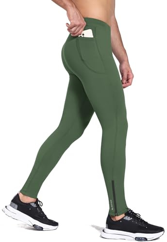 baleaf Men's Winter Running Tights Thermal Cycling Pants Water Resistant Fleece Leggings Zipper Pockets Cold Weather Gear Green M