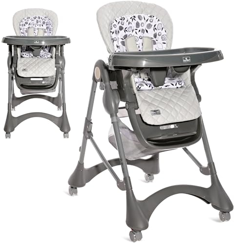 Lorelli Kinderhochstuhl mitwachsend Bellissimo, Kinderstuhl klappbar, verstellbarer Baby Hochstuhl mit Sicherheitsgurt, Doppeltablett, Korb, Rollen und PU-Lederbezug, hellgrau