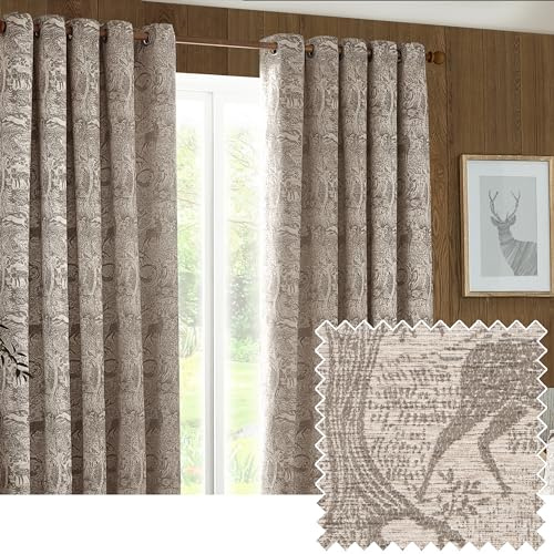furn. Winter Woods Chenille Eyelet Curtains (Taupe - 117x137cm) | Room darkening chenille curtains featuring a woodland animal pattern, eyelet heading and two panels