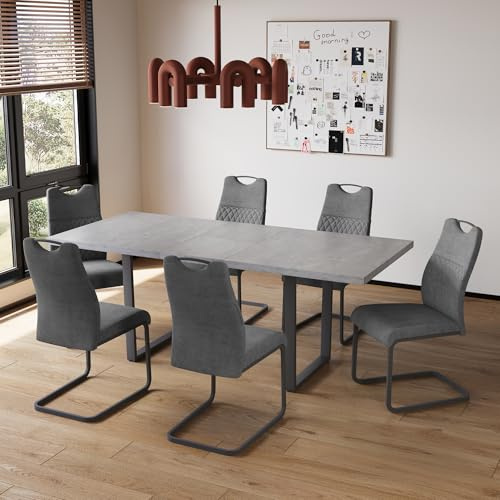 JIEXI Extendable Dining Table 4-6 Seater, Dining Room Table Extending And Chairs Set, MDF Material Modern, Suitable For Living Room, Kitchen, Length 130-170cm (table + 6 Grey Chairs)