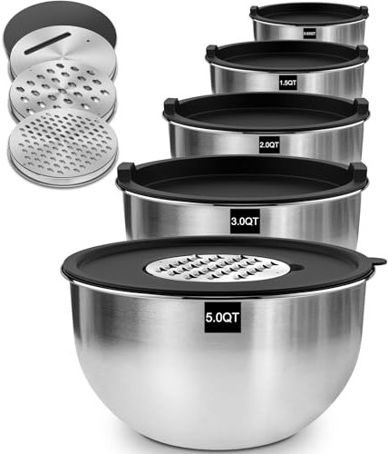 Terlulu Rührschüssel 5er Set, Edelstahl Schüssel Salatschüssel Set mit Deckel, 4.7l/2.8l/1.9l/1.4l/0.6l, Schüsselset zum Kochen/Backen/Aufbewahrung, Stapelbar & Spülmaschinenfest, inkl. Reibe