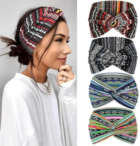 Kavya Fascia Capelli Donna Cerchietto Capelli Donna 4 Pezzi – 7'' Extra Large Elastico Boho, Turbante Fasce per Capelli Bandana Headband per Yoga, Skincare e Lavoro Quotidiano