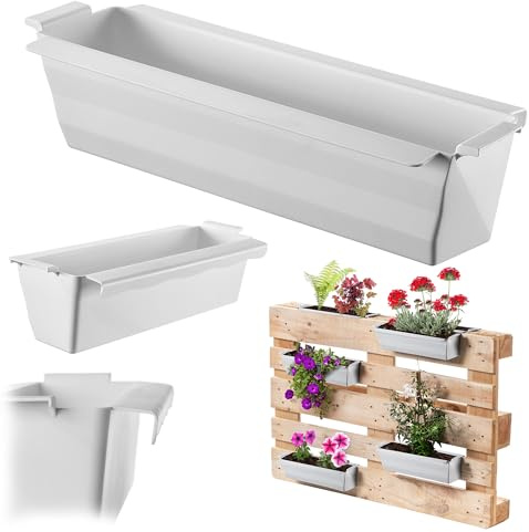 KADAX Set di 12 vasi da balcone per pallet con sistema di sospensione, 37x9 cm bianco, per piantare e decorare come fioriera da balcone, vaso per fiori per pallet europeo, inserto per vasi e sopra...