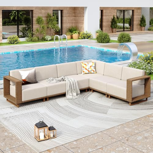 PHl VILLA Rattan Garden Furniture Sets 6 Seater, L shaped Corner Sofa Balcony Convervatory Modular Furniture with Thickened Cushions and Pillows for Backyard Porch, Beige