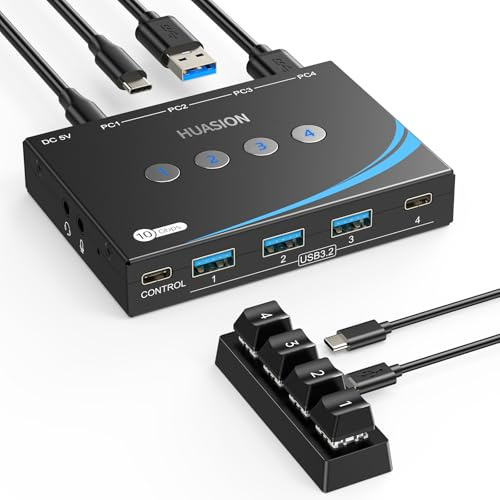 Commutateur USB 3.2 pour 4 ordinateurs avec 2 entrées USB C + 2 entrées USB A 10 Gbit/s, partage de périphériques tels que souris, clavier, imprimante, scanner, livré avec micro 3,5 mm, prise casque
