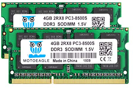 Motoeagle 8GB Kit (2x4GB) PC3 8500S DDR3 1066MHz/1067MHz 2RX8 Dual Rank PC3-8500 DDR3-1066 1.5V 204-pin Sodimm Non-ECC Unbuffered Módulo de Memoria RAM para portátiles