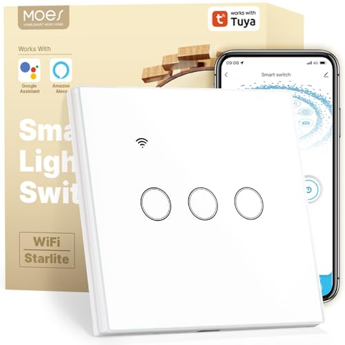 MOES Smart Alexa Wlan Lichtschalter ohne Neutralleiter, Wifi Touch Schalter Unterputz mit Speicher nach dem Ausschalten, Smart Life/Tuya app, Kompatibel mit Alexa und Google Home,3 Fach 1 Wege