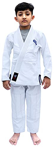 G4 VISION BJJ Kids Jiu Jitsu Gi, Brazilian Jiu Jitsu Uniform, Children Grappling Preshrunk Kimonos Lightweight White Belt (White Blue, K00)