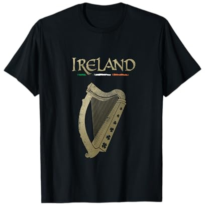 VinagreShop T-Shirt Irlandais Drapeau et Harpe avec Trèfles Noir Homme S