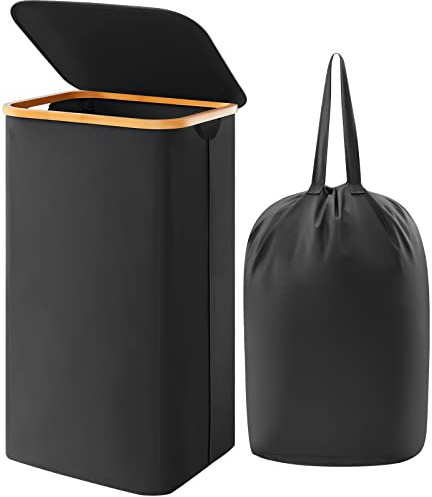Lifewit 100L Laundry Basket with Lid, Clothes Hampers for Laundry with Bamboo Handles and A Removable Laundry Bag, Large Foldable Laundry Hamper for Bedroom, Bathroom, Dorm, Laundry Room, Black