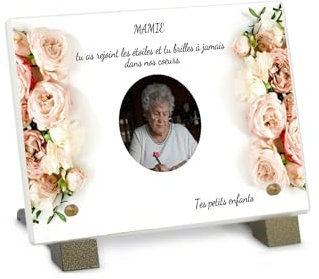 PHENIX | Plaque Funéraire Rose, Plaque Funéraire Personnalisable avec Photo en Pierre (30x20 cm) - Plaque mortuaire - Texte + Photo 100% Personnalisable - Résistante aux UV - Roses & Photo