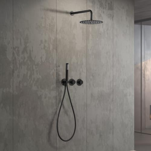 IMEX - Ducha Empotrada Negra Termostática | Kit de Grifería Empotrado con Alcachofa y Rociador Antical Efecto Lluvia | Columna Ducha Empotrada con Grifo en Latón y Acero Inox S.304 | Serie Assen