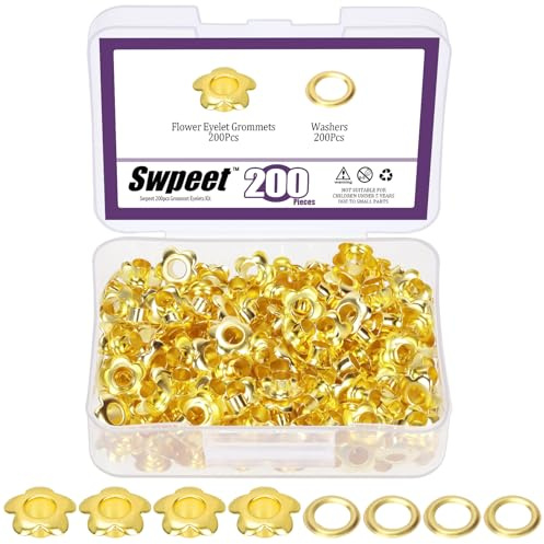 Swpeet Flower Eyelet Grommets Lot de 200 œillets en métal pour réparation de toile, cuir, rideaux Doré 3/16 (5 mm) Trou doré