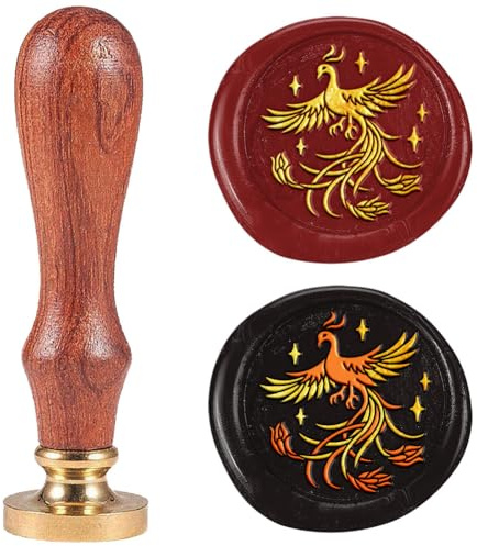 DELORIGIN Tampon de cire Phoenix - Style rétro - 25 mm - Tête en laiton amovible - Avec poignée en bois - Pour enveloppes, cadeaux, lettres, invitations, décoration