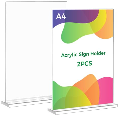 Thboxes A4 Acrylic Sign Holder, 2 Pack T-Shaped Double-Side Display Stand Poster Holder Clear A4 Menu Holders for Office, Hotel Store Restaurant