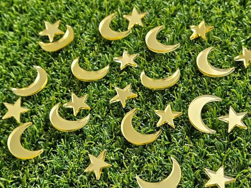 Acrylic Moon and Stars Cake Charms Cupcake Toppers Acrylic Mini Moon and Stars Cake Charms Cake Toppers Mini Moon and Stars Cake Decorations (Gold Mirror Acryl)